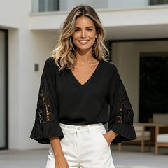 👚 Tricou din dantelă cu broderie decupată, stil boem (Boho)