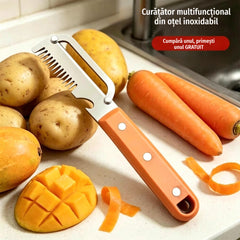 💥Cumpără unul, primești unul GRATUIT💥🔪 Curățător multifuncțional din oțel inoxidabil– Curățare legume, tăiere fâșii, deschidere sticle, trei funcții într-un singur instrument