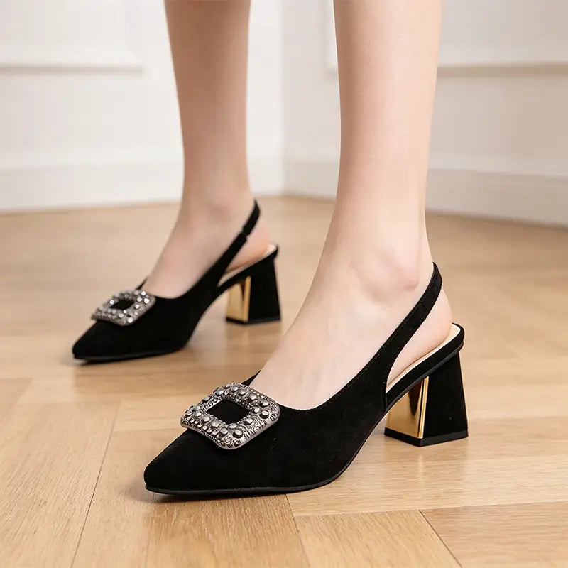 Pantofi Slingback Eleganți cu Toc Gros 7.5cm: Design Ascuțit cu Ștrasuri, Catifea Moale, Mărimi 36-43