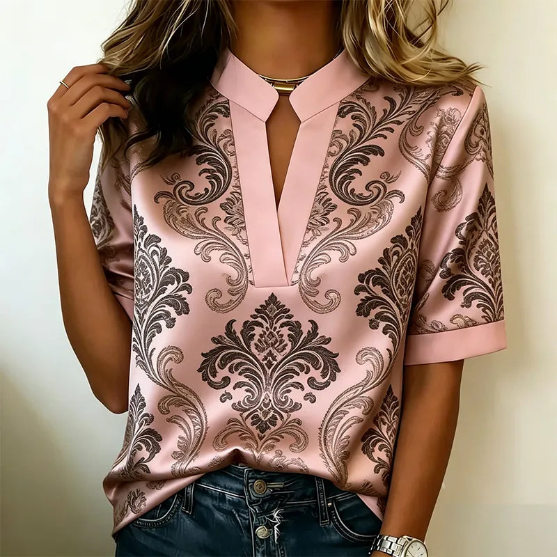 👚【Satin premium】Tricou cu mânecă scurtă, stil francez retro, cu imprimeu baroc elegant