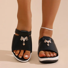 🎀🖤 Papuci cu fundiță din piele naturală, cu talpă moale și platformă wedge