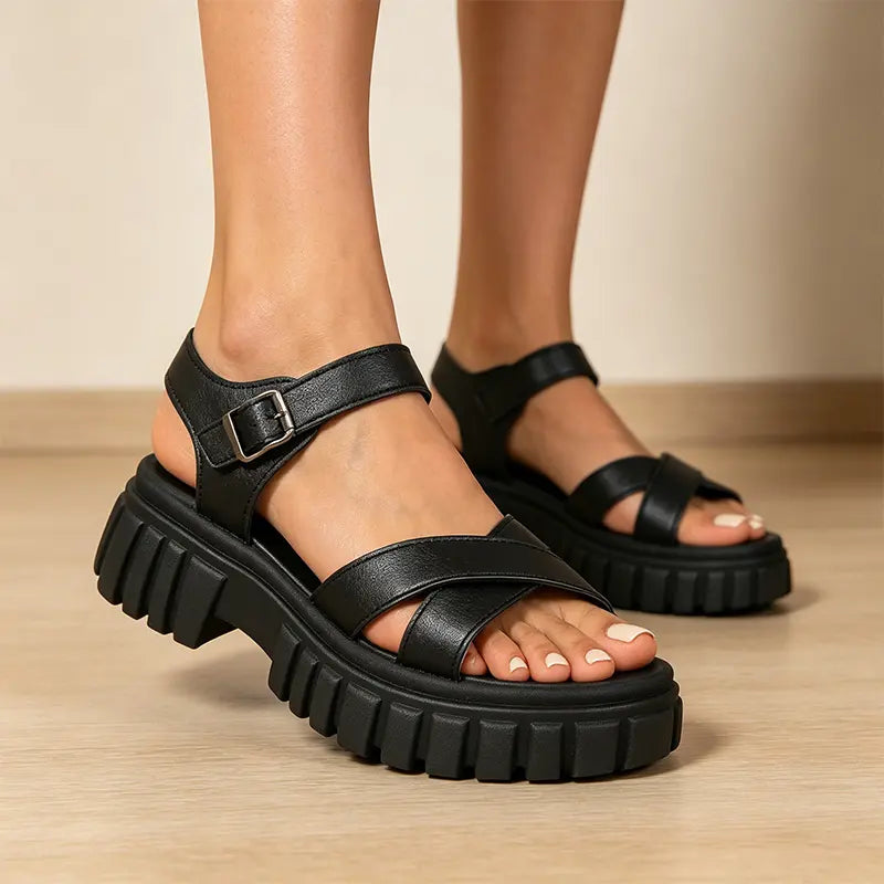 🖤【Versiune îmbunătățită din piele naturală premium de prim strat】Sandale la modă, confortabile, cu talpă groasă