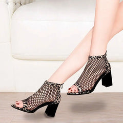 Botine de Vară Decupate cu Toc Gros 8cm: Design Peep-Toe din Plasă și Șireturi, Stil Coreean, Mărimi 35-40