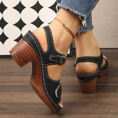 Sandale cu toc gros din piele naturală, cu decupaje｜Talpă moale, respirabilă + stil retro versatil