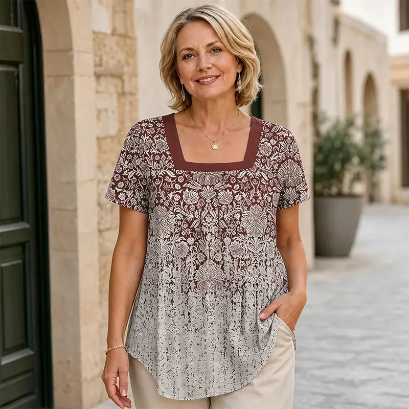 Bluză de Vară Casual cu Guler Pătrat și Detalii Plisate, Tricou Lejer cu Imprimeu Floral, Material Moale, Respirabil și Prietenos cu Pielea