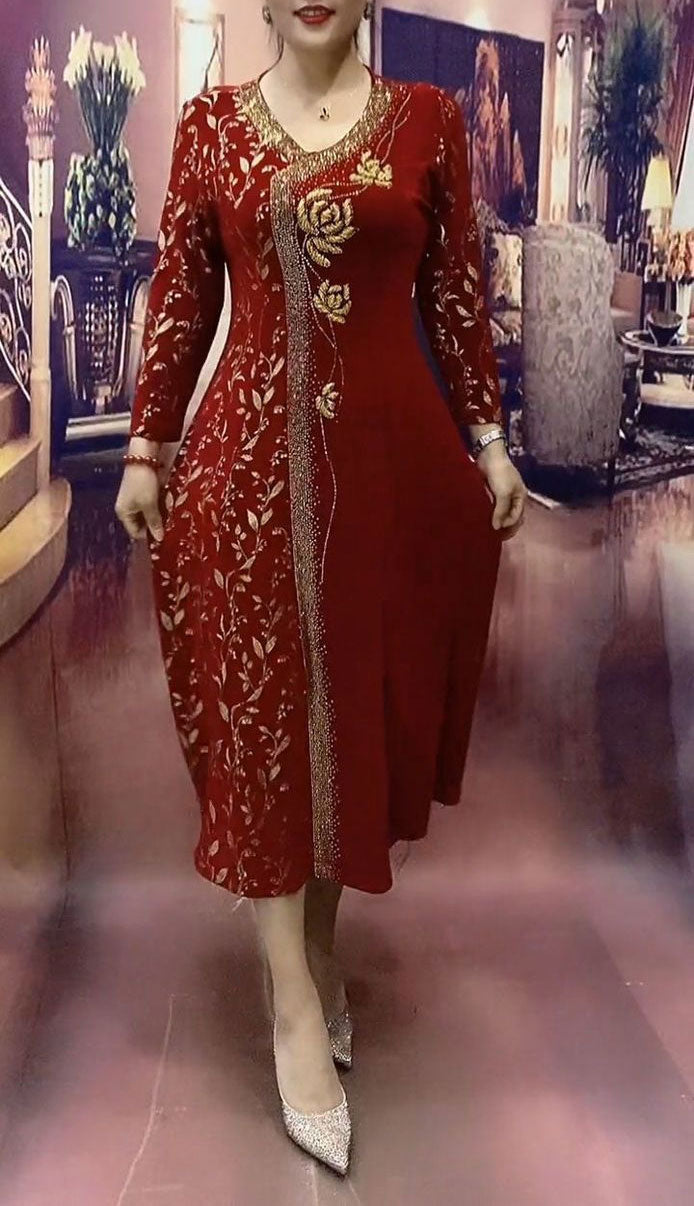 🔥👗【Πολυβραβευμένο】Μοντέρνο και κομψό φόρεμα με V-λαιμόκοψη και εμπριμέ σχέδιο