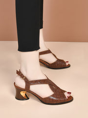 【Mărimi 35-40】Sandale de vară noi din piele naturală, cu vârful rotund și toc gros, scobit din interior, confortabile și versatile, cu toc mediu
