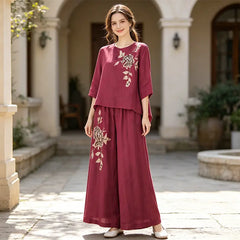 Set Elegant de Damă din In și Bumbac cu Broderie Florală, Compleu din Două Piese cu Bluză Lejeră și Pantaloni Largi