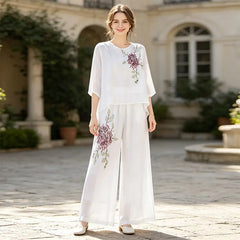 Set Elegant de Damă din In și Bumbac cu Broderie Florală, Compleu din Două Piese cu Bluză Lejeră și Pantaloni Largi