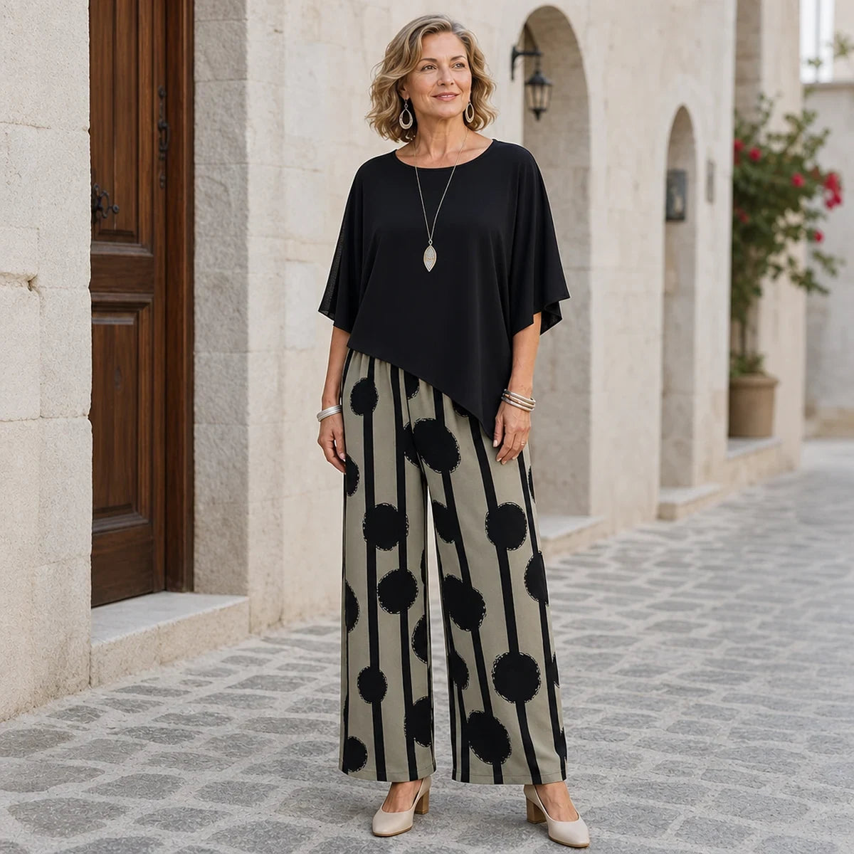 【Stil Haute Couture Toamna 2026】Bluză în stil european și american, cu guler rotund, mâneci tip liliac + pantaloni imprimați, cu talie înaltă și subțire (4 stiluri disponibile / S-XL) ✨