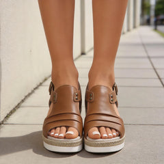 Sandale Fashion din Piele Naturală cu Talpă Tip Pană și Design Bicolor