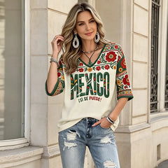 Tricou cu decolteu în V și imprimeu retro, plin de farmec