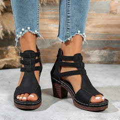 Sandale Romane cu Toc Mediu și Catarame Duble: Design Peep-Toe, Mărimi Mari Confortabile 36-43