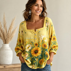 【Stil Retro Francez】Cămașă Elegantă cu Guler Pătrat și Imprimeu Floral, Bluză Lejeră cu Mâneci Trei Sferturi Bufante (6 Culori, Mărimi S-5XL) ✨
