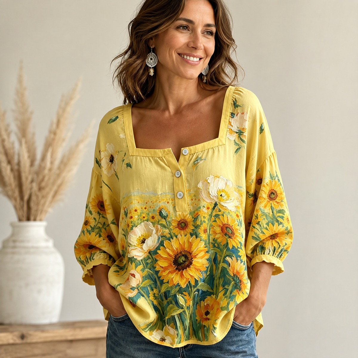 【Stil Retro Francez】Cămașă Elegantă cu Guler Pătrat și Imprimeu Floral, Bluză Lejeră cu Mâneci Trei Sferturi Bufante (6 Culori, Mărimi S-5XL) ✨