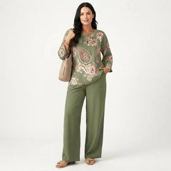 Compleu Dama de Vară din 2 Piese: Bluză Lejeră și Pantaloni Largi cu Imprimeu în Degradé, Set Casual de Vacanță