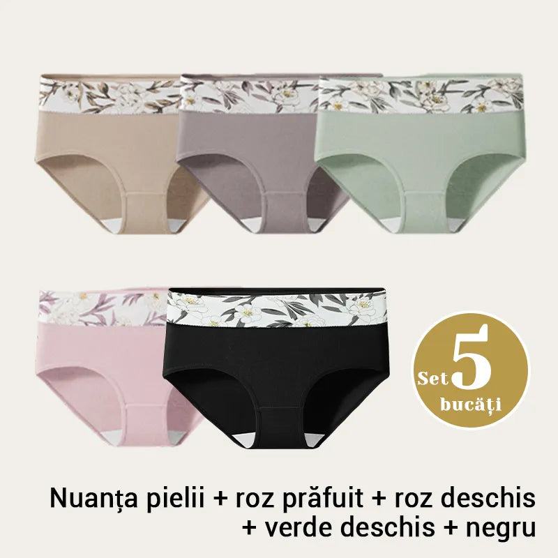 🩲【Set de 5 bucăți】Chiloți cu talie înaltă, margini florale și protecție antibacteriană