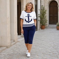 ⚓️ Set de Vară din 2 Piese pentru Femei – Tricou cu Imprimeu Ancoră și Pantaloni Scurți, Stil Maritim