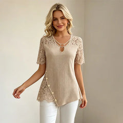 👚Bluză cu mânecă scurtă, din dantelă decupată și material tip waffle, cu design combinat