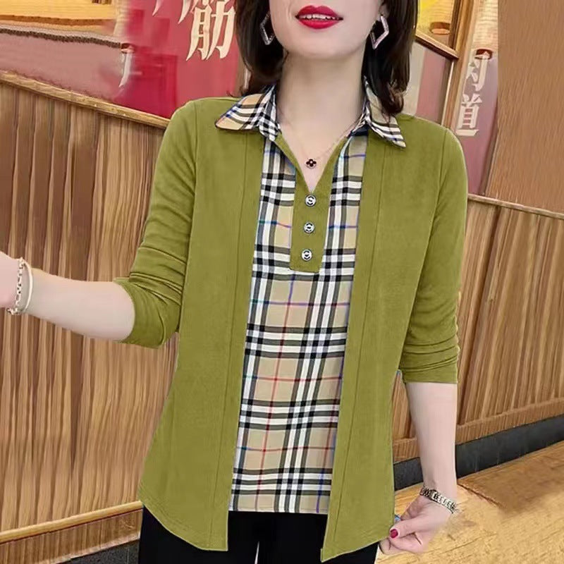 [Cel mai bine vândut articol al acestui sezon] Cămașă elegantă în carouri, design patchwork, cămașă falsă din două piese
