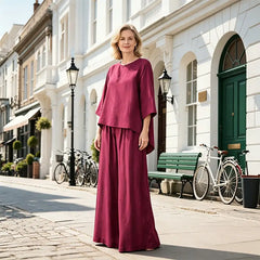 Set Casual din 2 Piese pentru Damă – Bluză Lejeră cu Mânecă Trei Sferturi și Pantaloni Largi cu Talie Înaltă, Material Respirabil și Confortabil de Vară