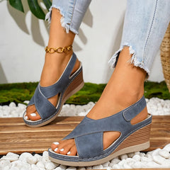 👡【din piele naturală de prim strat】 Sandale cu platformă tip wedge, cu barete late încrucișate