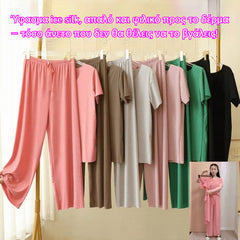 ❤️【M-4XL】Μαλακό μεταξένιο κοντομάνικο τοπ + φαρδύ παντελόνι ❤️ Σετ 2 τεμαχίων