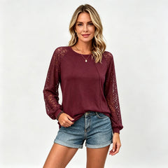 【Bumbac Pur Premium】Bluză cu Mâneci Lungi din Dantelă Perforată în Stil Francez