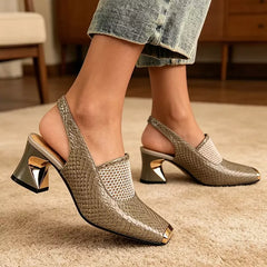 🖤【Material premium cu textură crocodil】sandale elegante și moderne cu plasă și toc gros