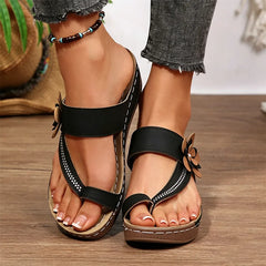 🌸【+6 cm înălțare】Sandale moderne tip flip-flop cu flori, cu platformă wedge