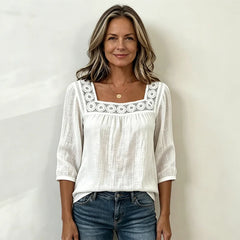 Bluză Elegantă de Damă cu Guler Pătrat și Dantelă – Stil Rafinat, Material Lejer, Perfectă pentru Vară
