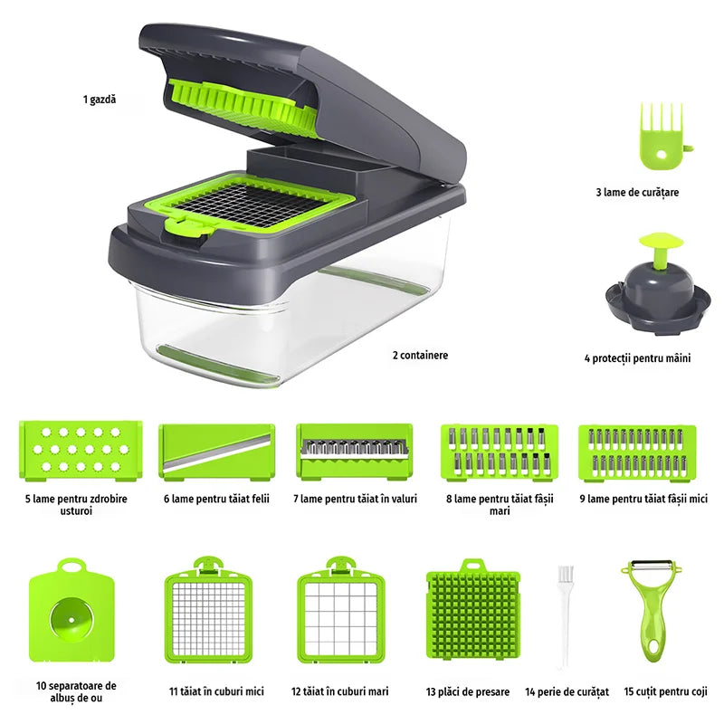 Set 15 Piese Dispozitiv de Tăiat Legume de Bucătărie, Răzătoare Profesională pentru Cartofi și Ceapă, Feliere și Mărunțire Rapidă, Separator Ouă Inclus