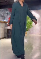 💋【35% OFF】【S-3XL】Αμιγές χρώμα V-λαιμός μακρύ μανίκι casual φόρεμα