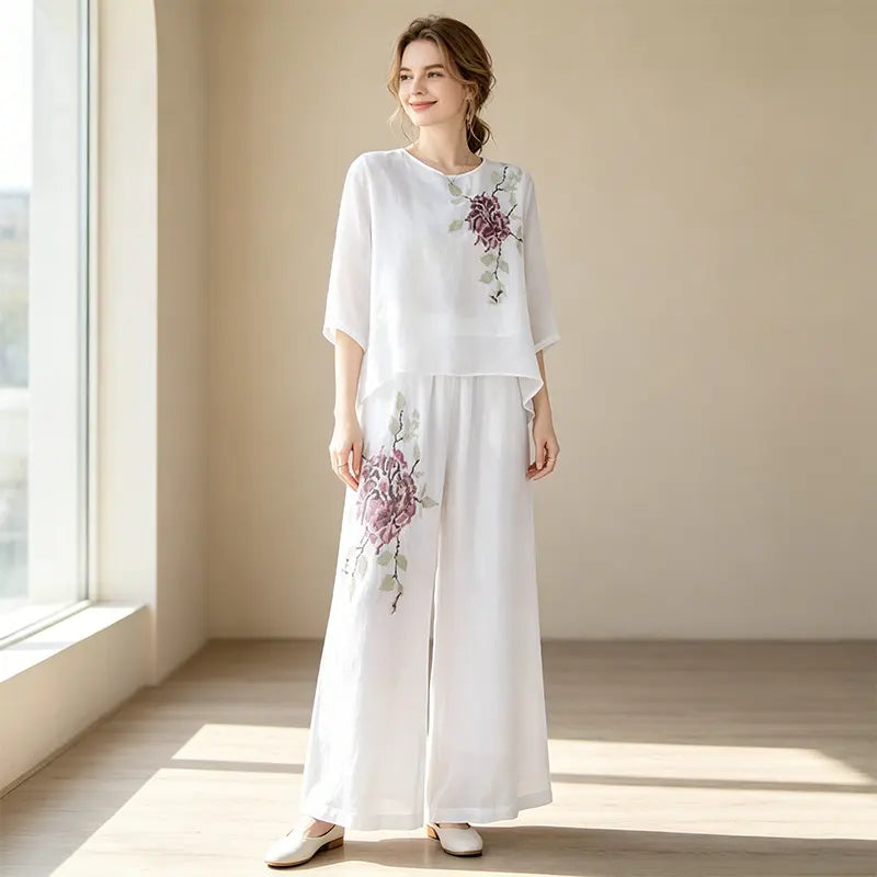 Set Elegant de Damă din In și Bumbac cu Broderie Florală, Compleu din Două Piese cu Bluză Lejeră și Pantaloni Largi