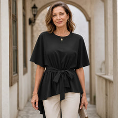 Tricou Elegant în Stil Francez din Bumbac, cu Talie Reglabilă cu Șnur