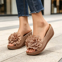 👡【Luxul Pielii Naturale】Papuci Eleganți cu Flori de Dantelă Tridimensionale
