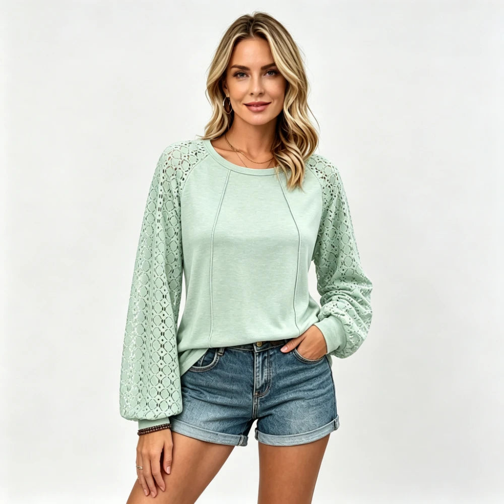 【Bumbac Pur Premium】Bluză cu Mâneci Lungi din Dantelă Perforată în Stil Francez