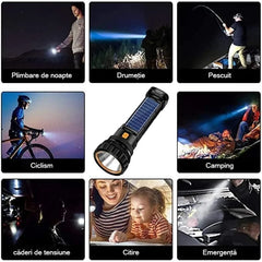 Energie Solară Nelimitată ✨ Lanternă Profesională LED Ultra-Puternică 🔦 Funcție de Power Bank & Lampă de Camping COB!