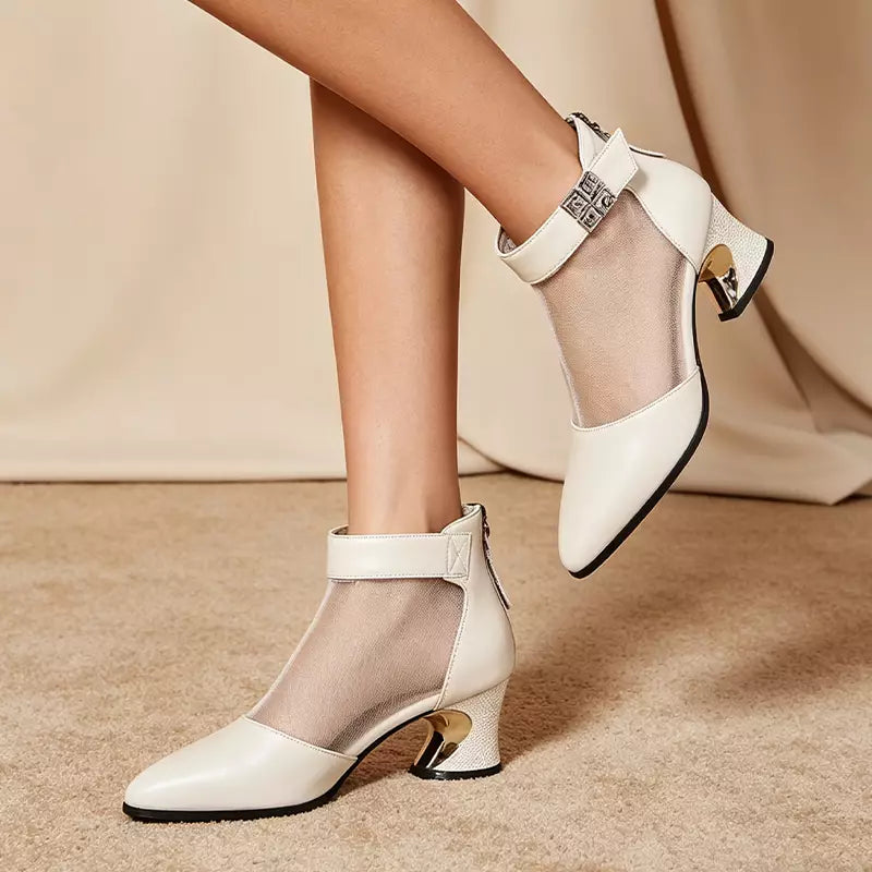 💎【indispensabil pentru femei elegante】sandale-botine franțuzești cu plasă fină și strasuri, vârf ascuțit și toc gros