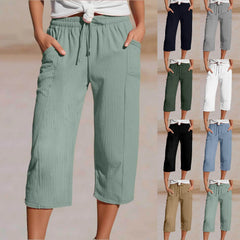 Pantaloni trei sferturi plisați pentru damă – din bumbac și in, culoare solidă