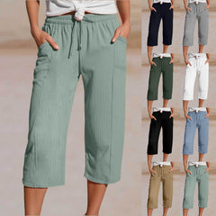 Pantaloni trei sferturi plisați pentru damă – din bumbac și in, culoare solidă