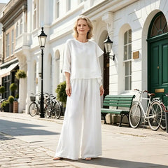 Set Casual din 2 Piese pentru Damă – Bluză Lejeră cu Mânecă Trei Sferturi și Pantaloni Largi cu Talie Înaltă, Material Respirabil și Confortabil de Vară