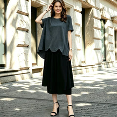 Set Elegant 2 Piese: Bluză Lejeră cu Margine Ondulată și Pantaloni Largi - Confortabil și Modern