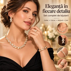 ✨ Set Complet de Bijuterii Elegante cu Frunze Strălucitoare - Colier, Cercei, Brățară și Inel! Design Rafinat cu Zirconii Mici · Eleganță în Fiecare Detaliu · Cadoul Ideal pentru Nuntă, Petreceri sau Zile de Naștere!