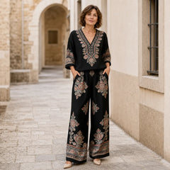 Compleu Premium de Damă din 2 Piese, Stil Boho Chic cu Imprimeu Etnic, Bluză cu Decolteu în V și Pantaloni Largi Eleganți