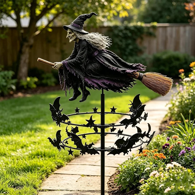 Morișcă de Vânt Decorativă pentru Grădină, Model Vrăjitoare pe Mătură cu Lilieci și Stele, Ornament Dinamic de Curte, Decor Halloween