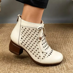 Ghete de Vară din Piele cu Model Perforat și Toc Gros - Stil Retro, Confortabile și Respirabile