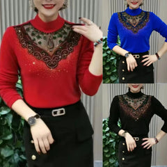 Bluză din dantelă cu mânecă lungă și strasuri, elegantă și subțiază silueta