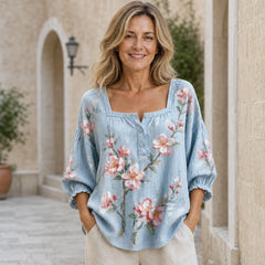 【Stil Retro Francez】Cămașă Elegantă cu Guler Pătrat și Imprimeu Floral, Bluză Lejeră cu Mâneci Trei Sferturi Bufante (6 Culori, Mărimi S-5XL) ✨