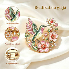 🕊️🌸Broșă premium elegantă cu colibri, flori și aplicații strălucitoare